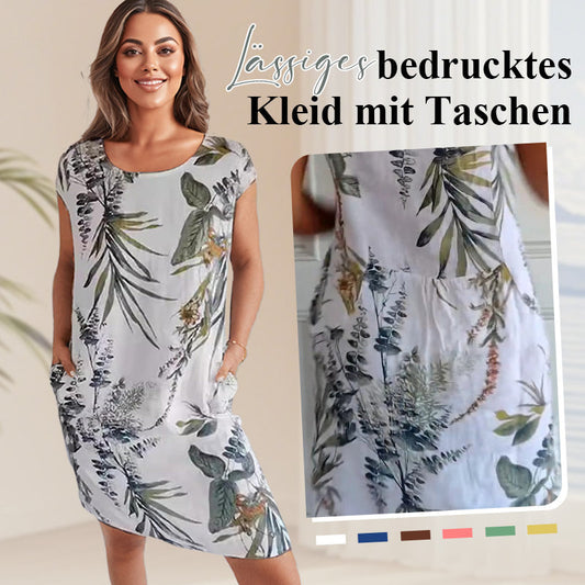 🌷❤️🔥Bedrucktes Kleid mit Rundhalsausschnitt aus Baumwolle und Leinen für Frauen