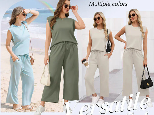 🌺2025 Neu eingetroffen - 49% OFF🌺Damen Casual Cap Ärmel Top Weite Hosen Set
