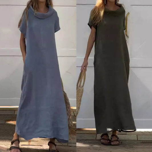 Damen-Freizeitkleid aus Baumwolle und Leinen mit Wasserfallausschnitt