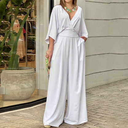 💞Eleganter Jumpsuit mit V-Ausschnitt und weitem Bein für Frauen💫