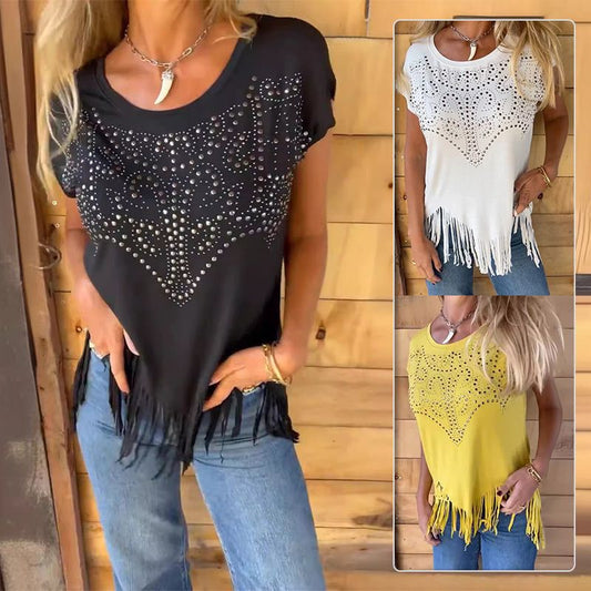 👚50% Rabatt💕Unifarbenes, kurzärmeliges Damen-T-Shirt mit heißem Aufdruck und ausgefranstem Saum