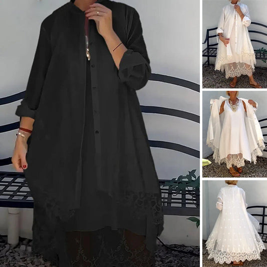 Damen-Zweiteiler: Ärmelloses Kleid & Lange Blusenjacke mit Spitzensaum