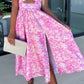 Rosa ärmelloses Kleid mit Blumenmuster, Taillenausschnitt und V-Ausschnitt