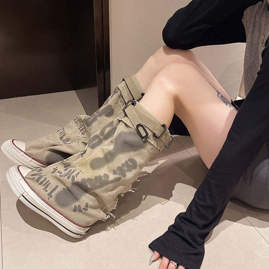 💗LETZTER TAG AKTION - 50% RABATT💗Flache Retro-Stiefel aus Canvas mit mittlerem Schaft für Damen