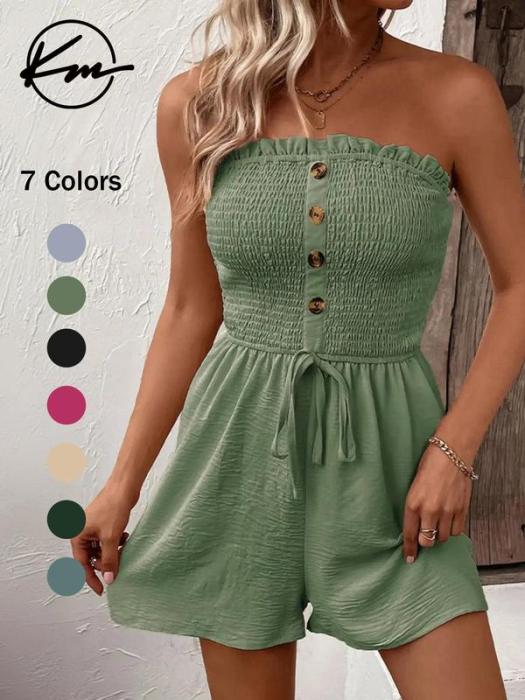 🎉Letzter Tag Promotion 50% OFF💃Frauen trägerlos Rüschenbesatz geraffte Krawatte vorne weites Bein Rohr Romper